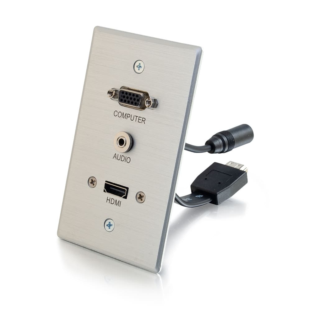 Here's an alt tag for the image: AV wall plate with HDMI, audio, VGA.