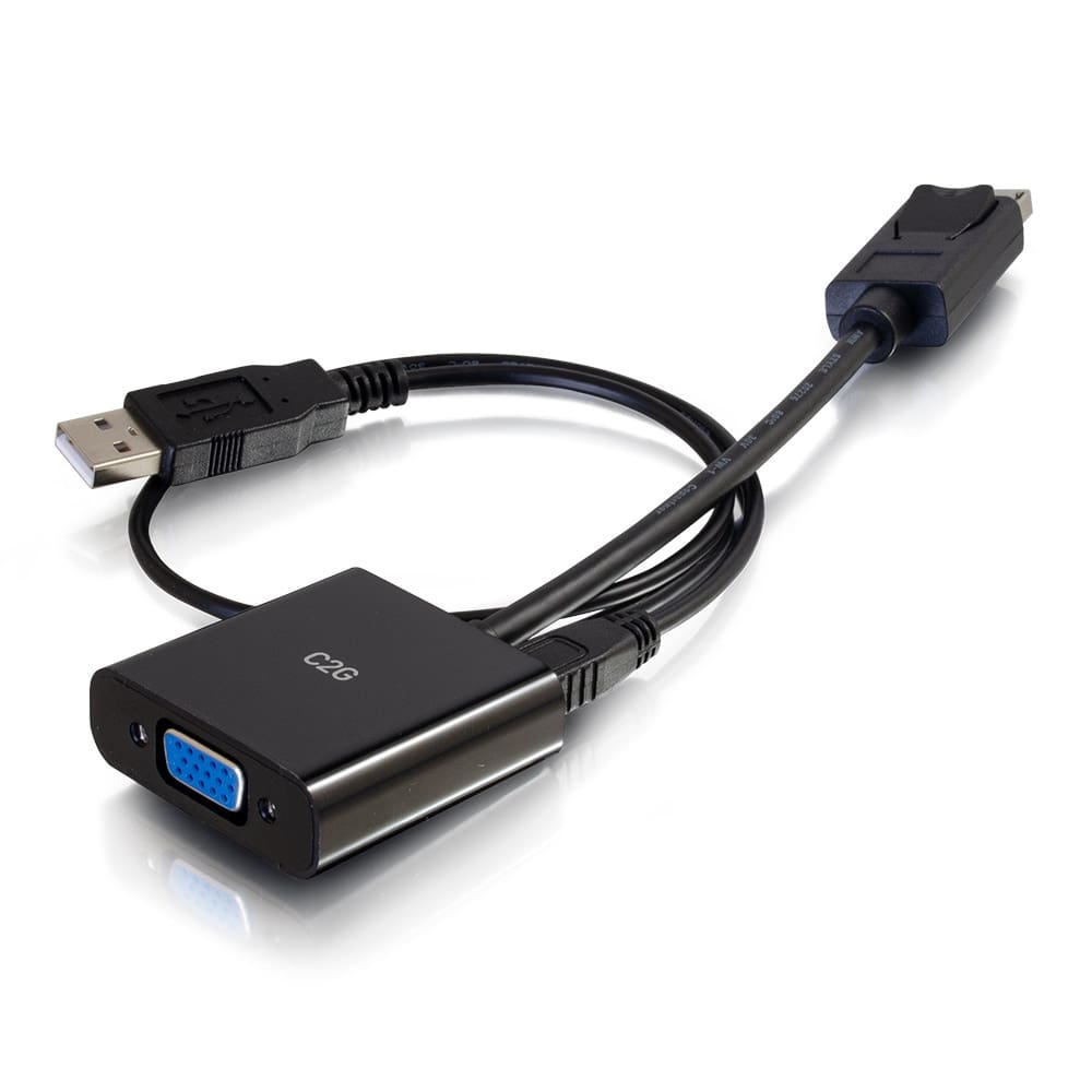 Black USB to VGA adapter cable.
