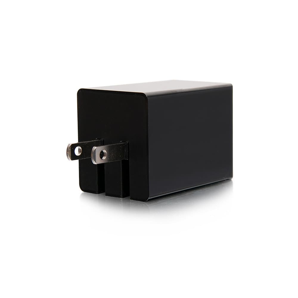 Black rectangular USB wall charger.