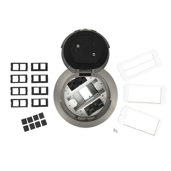 Floor-mounted power and data outlet.