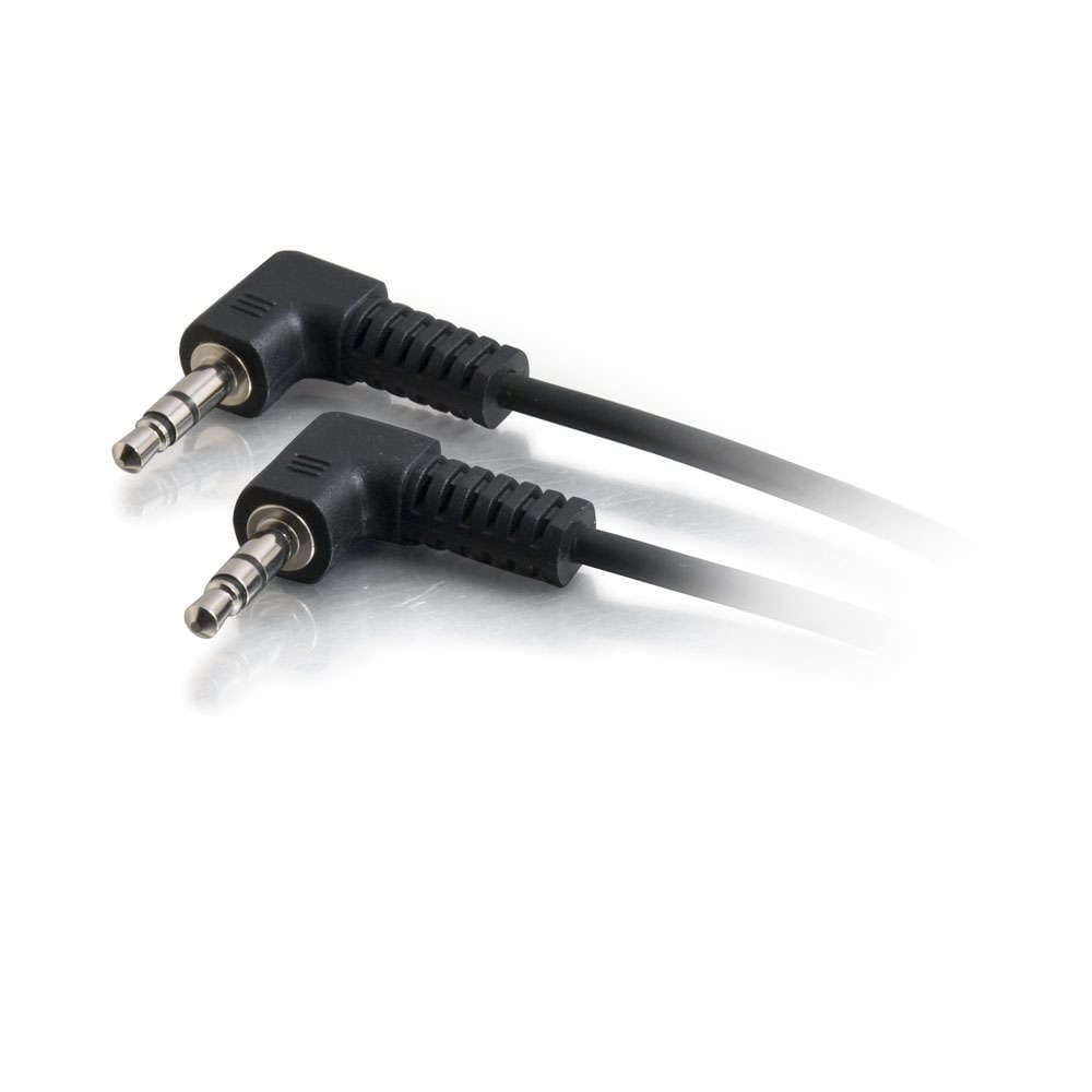 Two black right-angle 3.5mm audio cables.
