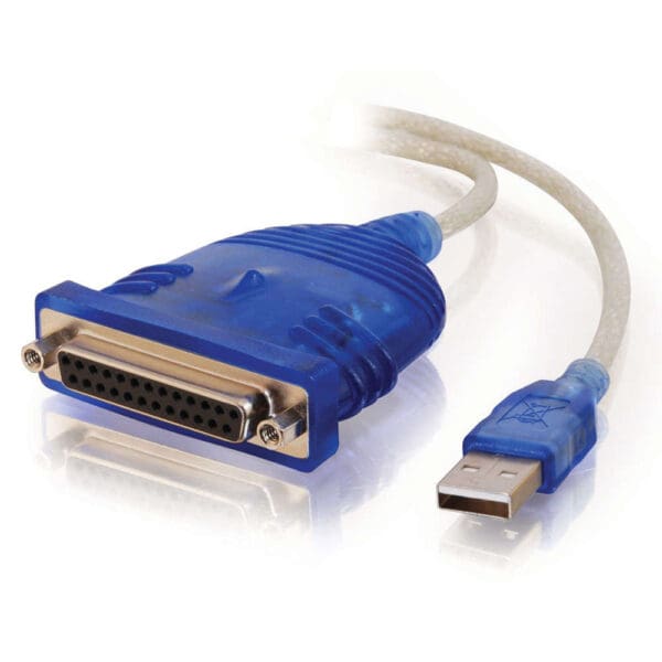 Here's an alt tag for the image: Blue USB to Parallel Printer Cable.