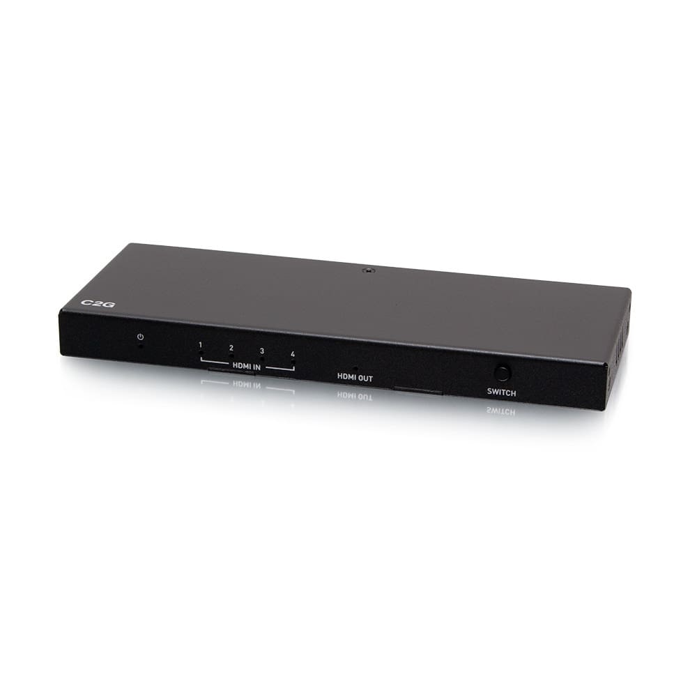 Black C2G 4x1 HDMI switch box.
