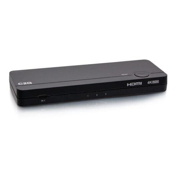 Black C2G 4K HDMI switch.