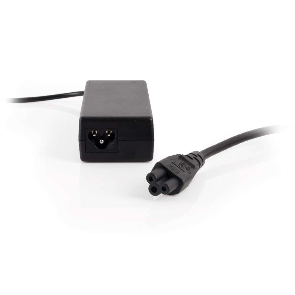 Black power adapter with three-prong plug.