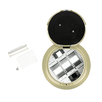 Here's an alt tag for the image: Gold-colored electrical junction box with cover open.