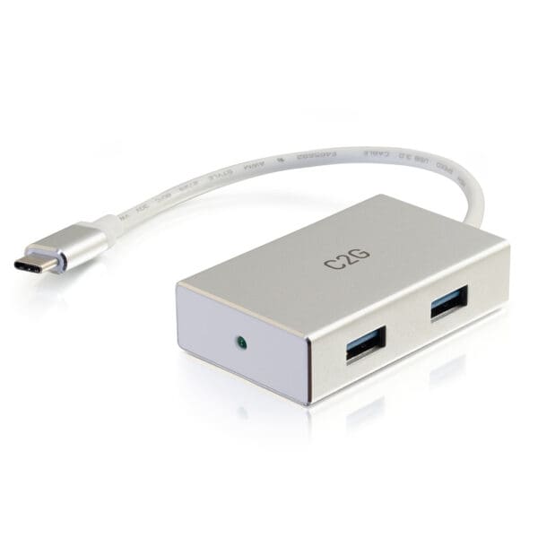 Silver USB-C hub with two ports.