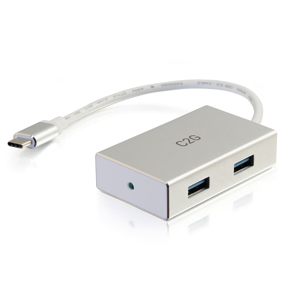 Silver USB-C hub with two ports.