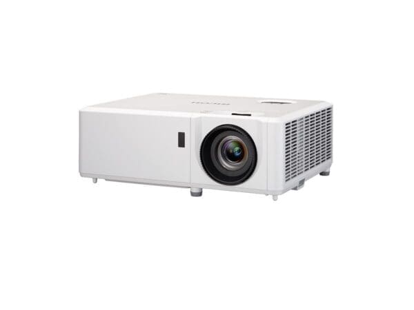White projector with lens and vents.