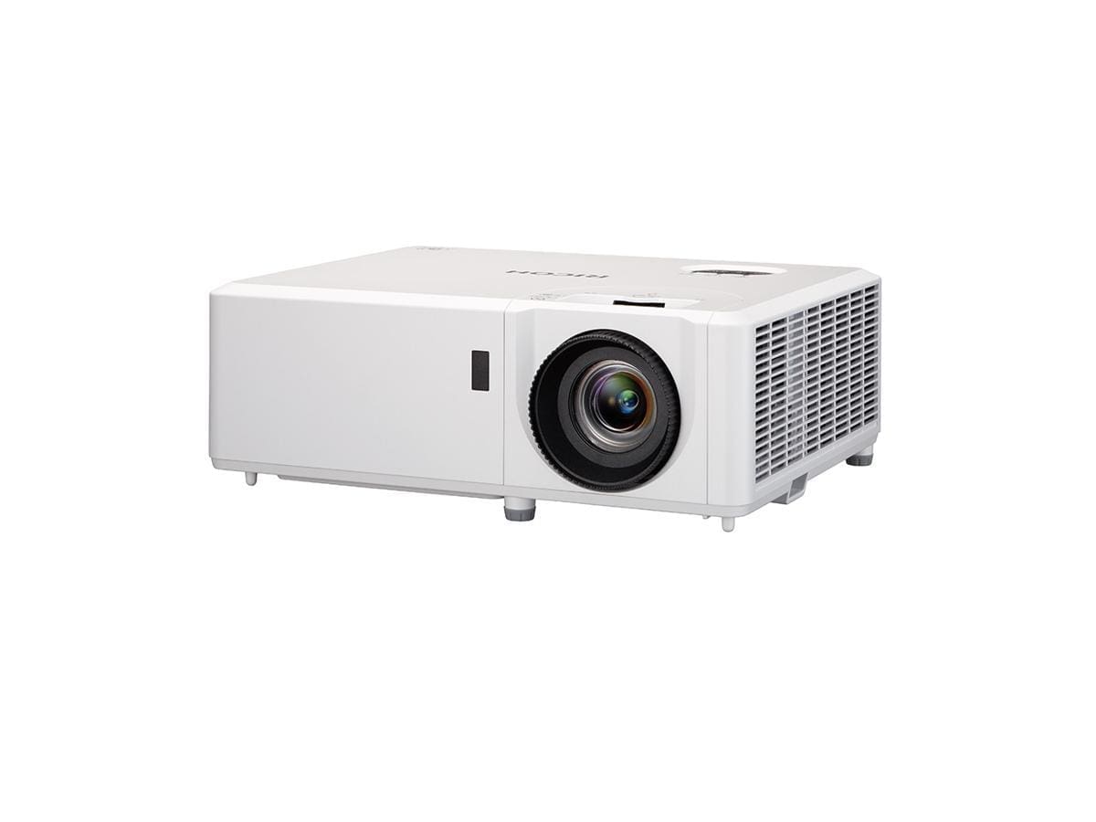 White projector with lens and vents.