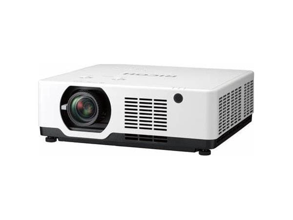 Here's an alt tag for the image: White Hitachi projector with lens.