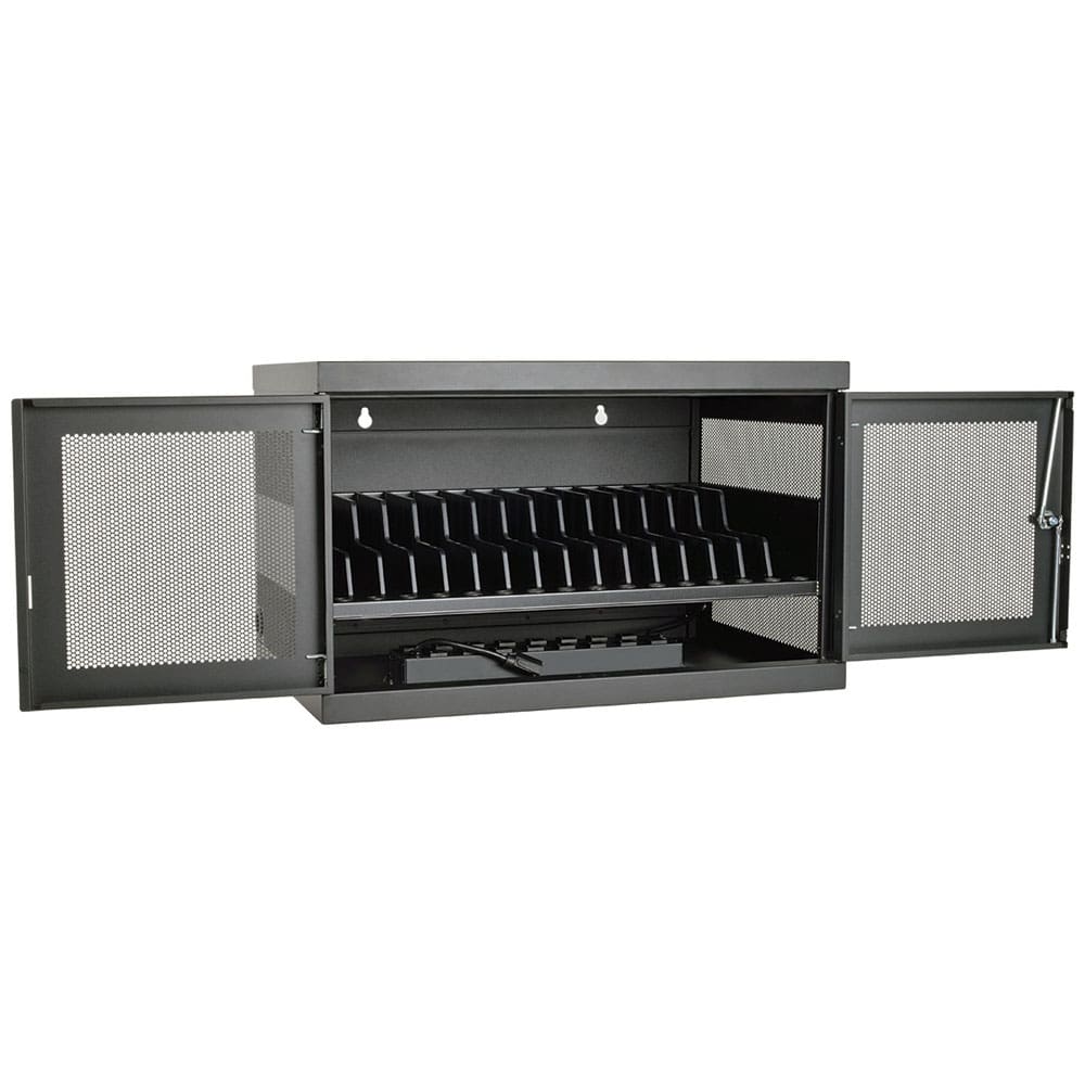 Black metal device charging cabinet.