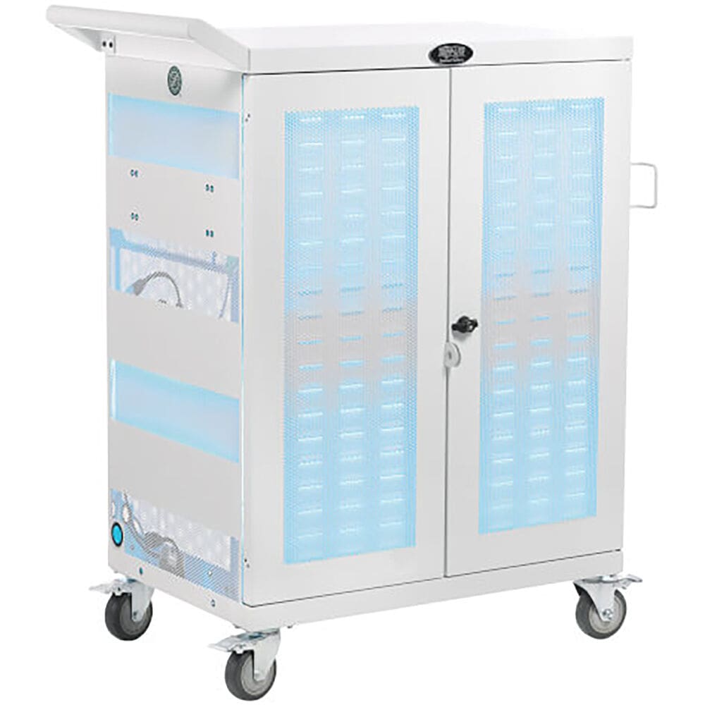 White mobile charging cabinet with blue light.