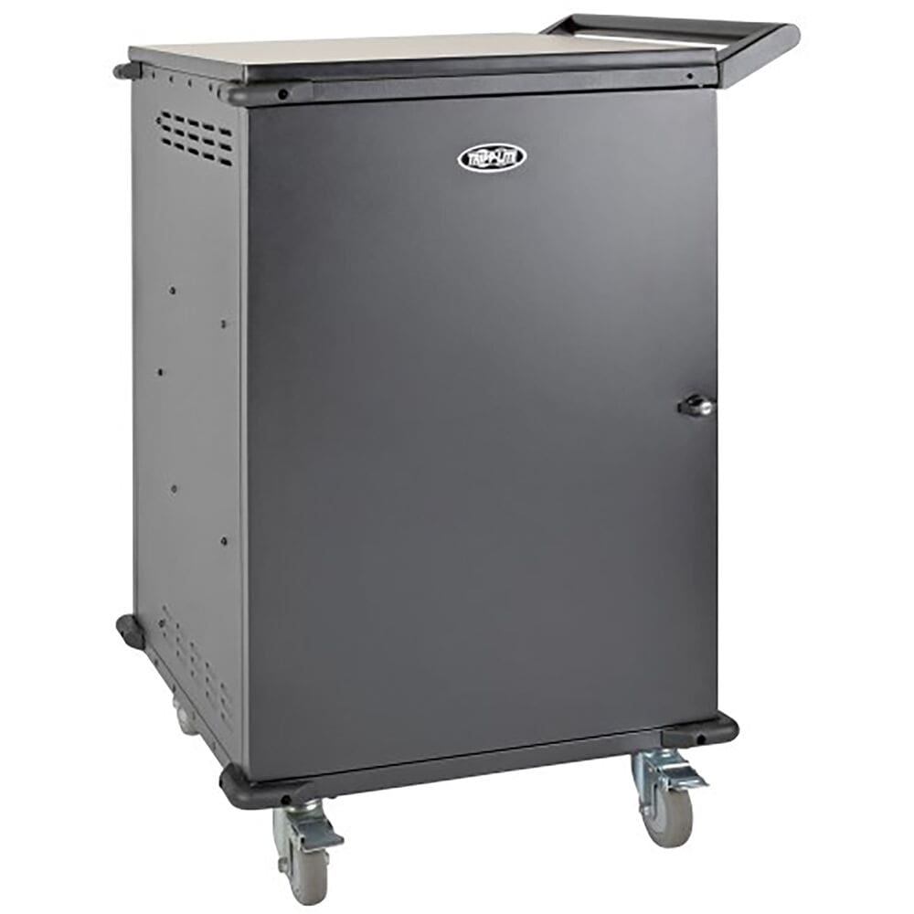Gray mobile charging cart with handle.