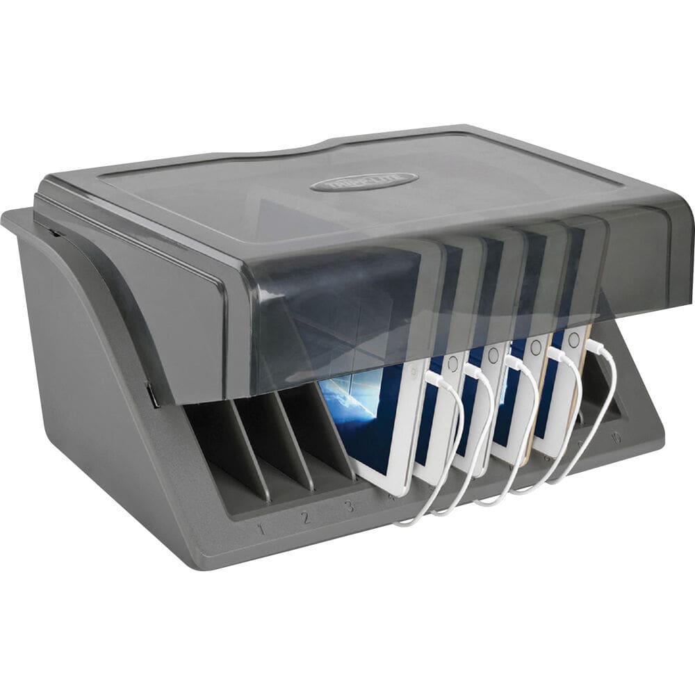 Gray tablet charging station with lid.
