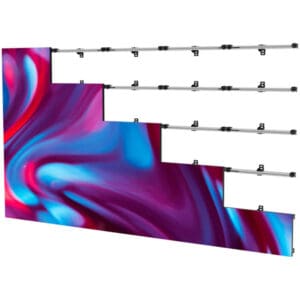 Modular LED display with colorful abstract art.