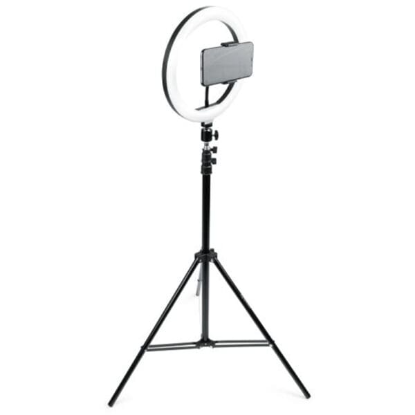Ring light with phone holder on tripod.