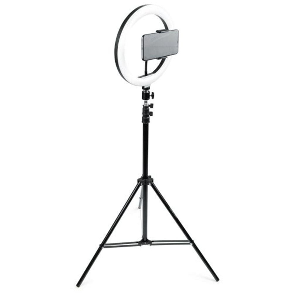 Ring light with phone holder on tripod.