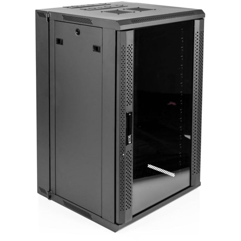 Black network server cabinet with glass door.