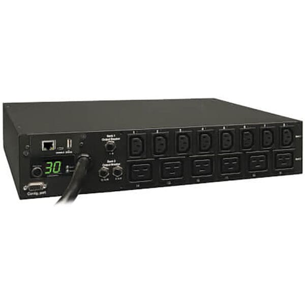 Here's an alt tag for the image: Power distribution unit with 16 outlets.