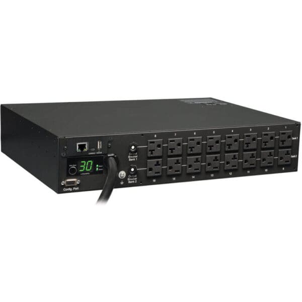 Black power distribution unit with 16 outlets.