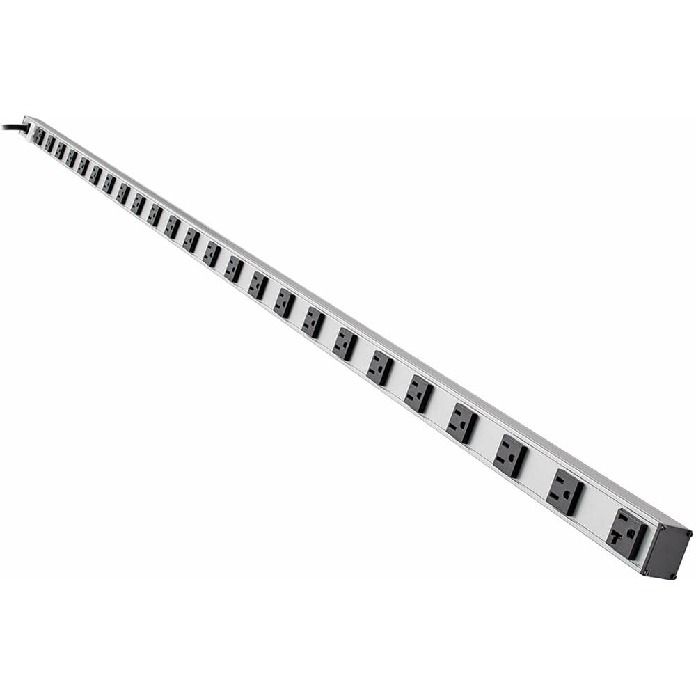 Long power strip with sixteen outlets.