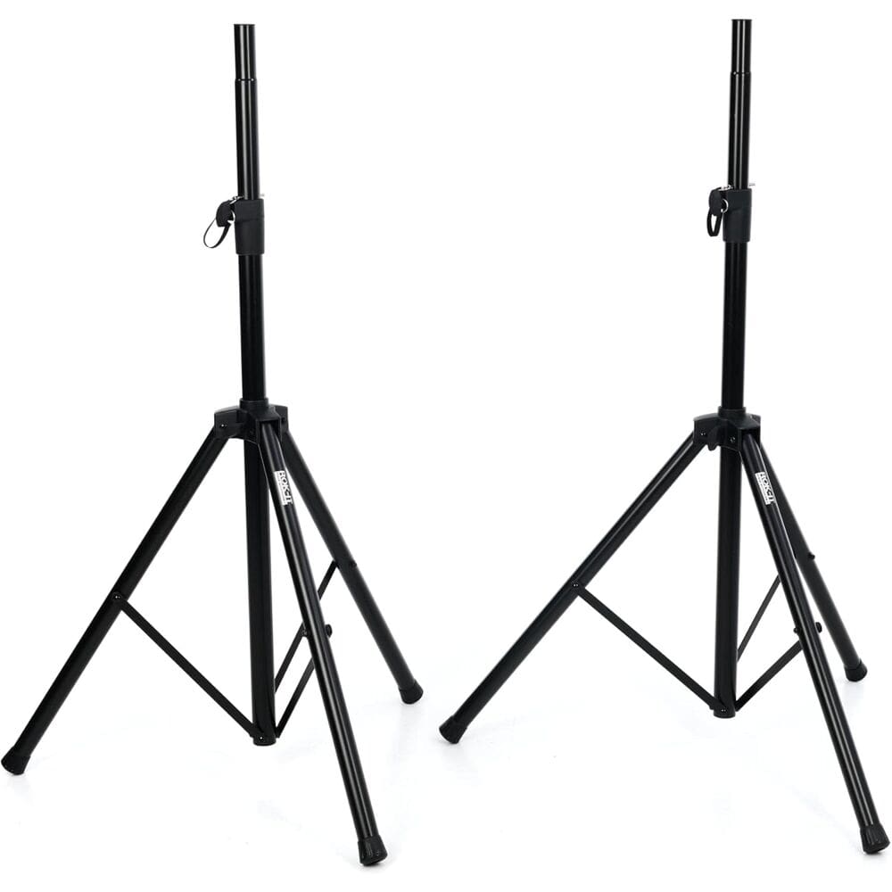 Pair of black speaker stands.