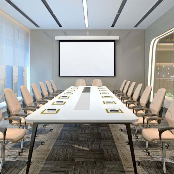 Modern conference room with large table.