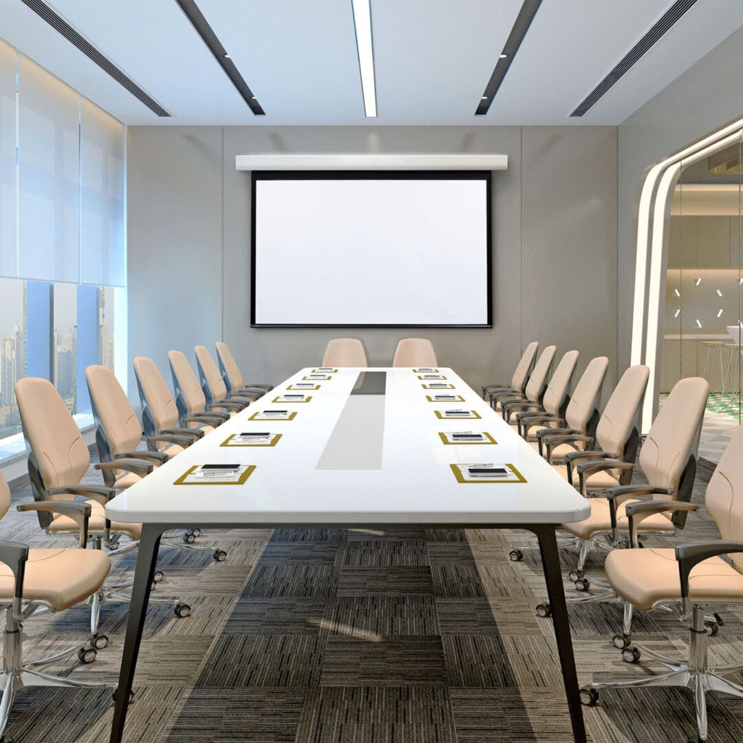 Modern conference room with large table.