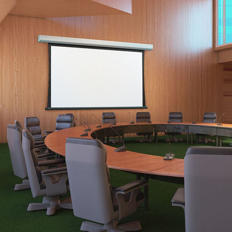 Conference room with projector and table.
