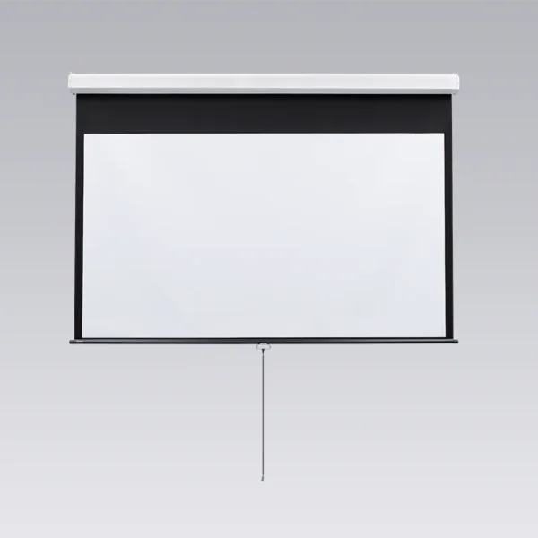 Manual pull-down projection screen.