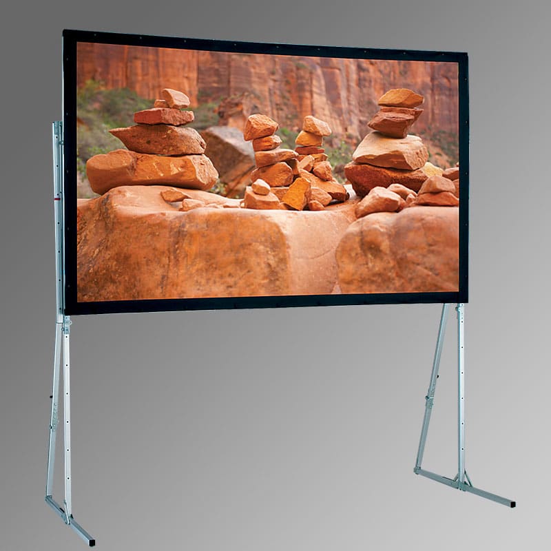 Curved projection screen with rock image.