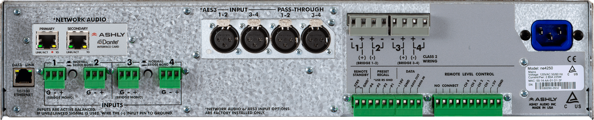 Ashly ne4250 audio interface rear panel.