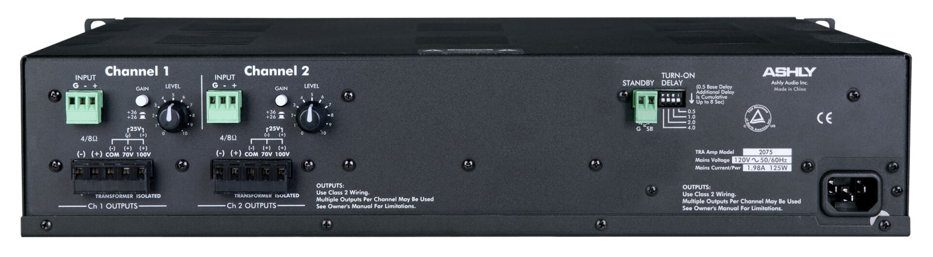 Ashly 2075 two-channel amplifier back view.